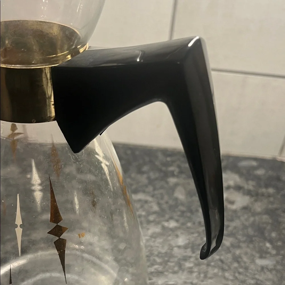 Vintage Pyrex Glass Coffee Carafe with Black Handle and Gold Accents